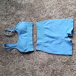 None workout top and shorts szSm very stretchy but firm soft blue white NWOT